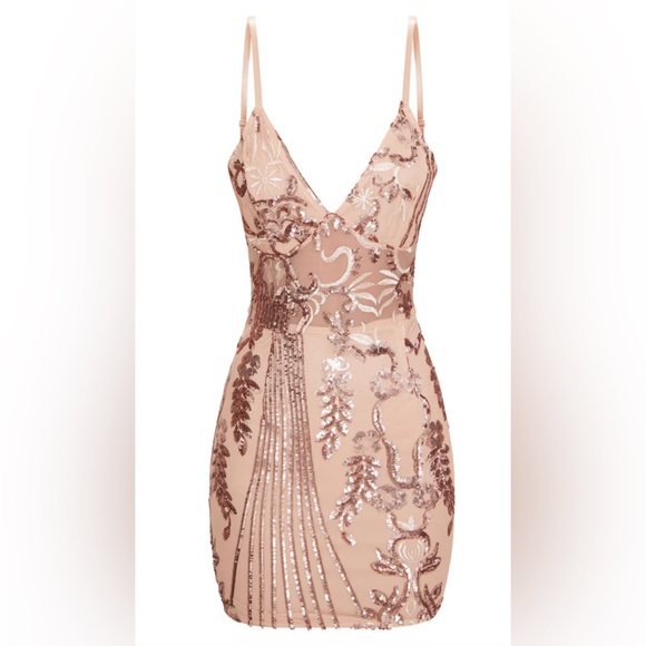 NWT Rose Gold Strappy Sheer Panel Sequin Bodycon Dress - Picture 3 of 4
